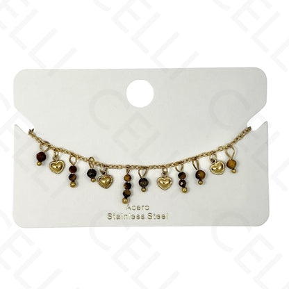 Pulsera de acero - con piedras naturales y mini corazones