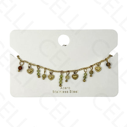 Pulsera de acero - con piedras naturales y mini corazones
