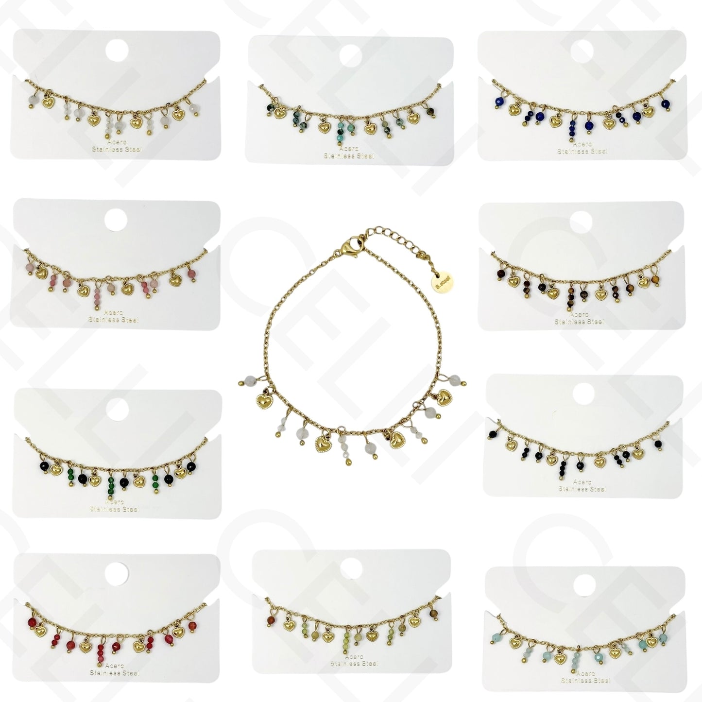 Pulsera de acero - con piedras naturales y mini corazones