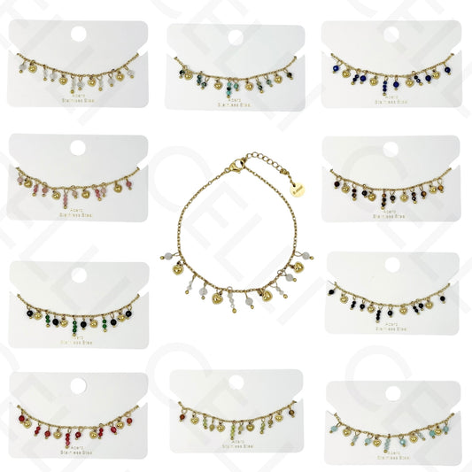 Pulsera de acero - con piedras naturales y mini corazones