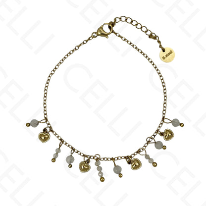 Pulsera de acero - con piedras naturales y mini corazones