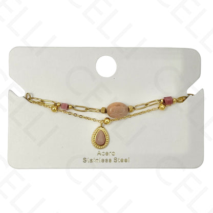 Pulsera de acero - doble con piedras naturales y gota