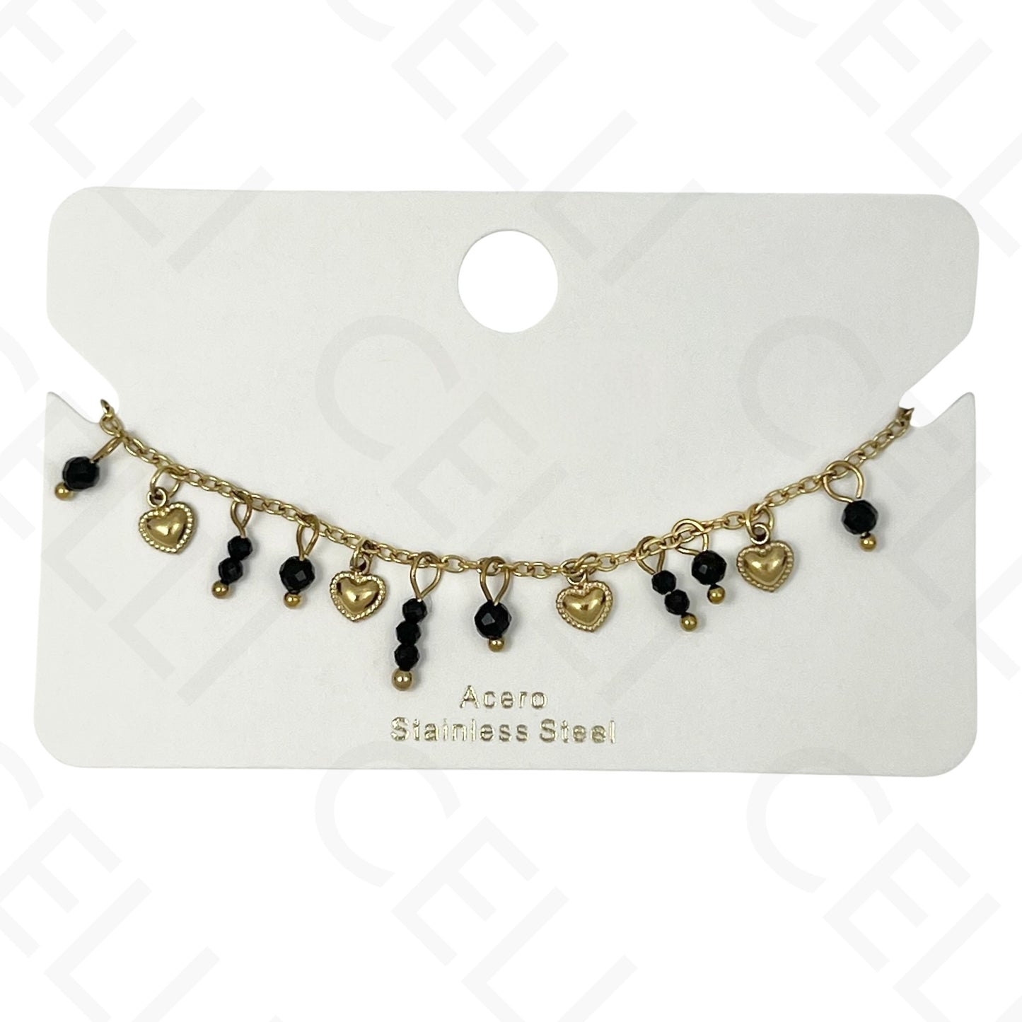 Pulsera de acero - con piedras naturales y mini corazones