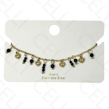 Pulsera de acero - con piedras naturales y mini corazones