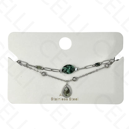 Pulsera de acero - doble con piedras naturales y gota