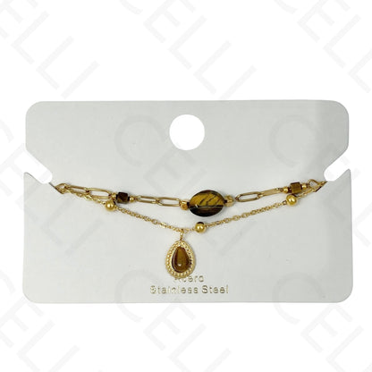 Pulsera de acero - doble con piedras naturales y gota