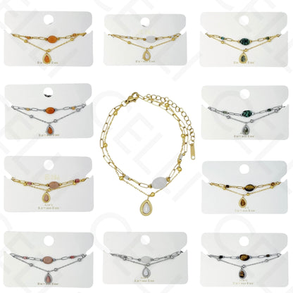 Pulsera de acero - doble con piedras naturales y gota