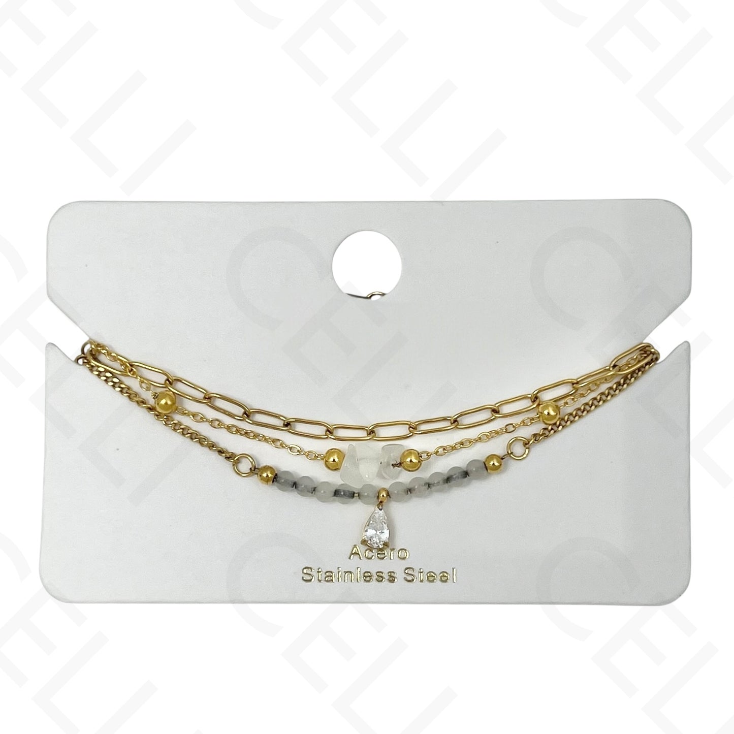 Pulseira de aço - triplo com pedras naturais e brilhante de gota