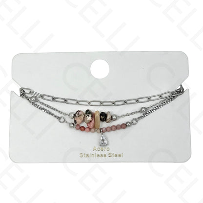 Pulseira de aço - triplo com pedras naturais e brilhante de gota