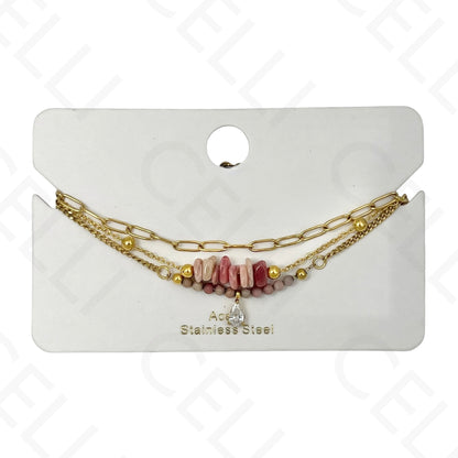 Pulseira de aço - triplo com pedras naturais e brilhante de gota