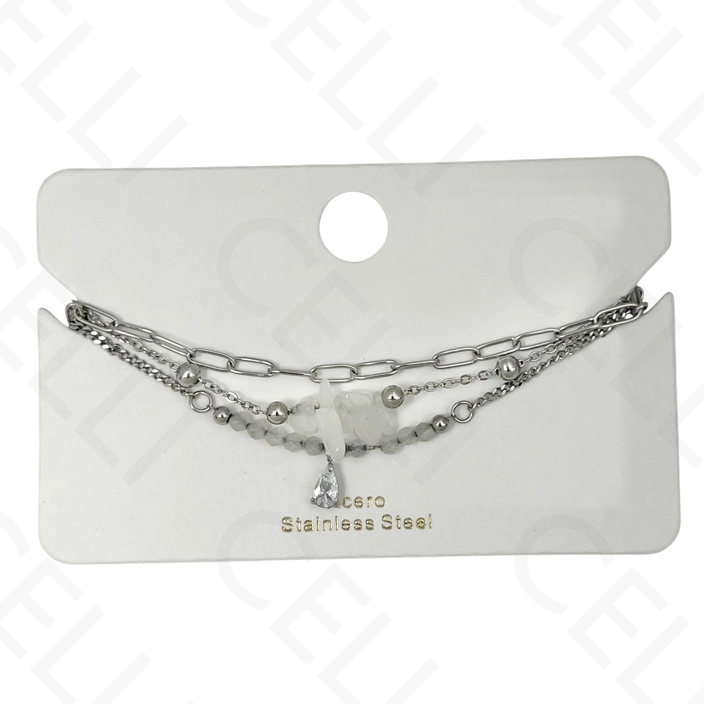 Pulseira de aço - triplo com pedras naturais e brilhante de gota