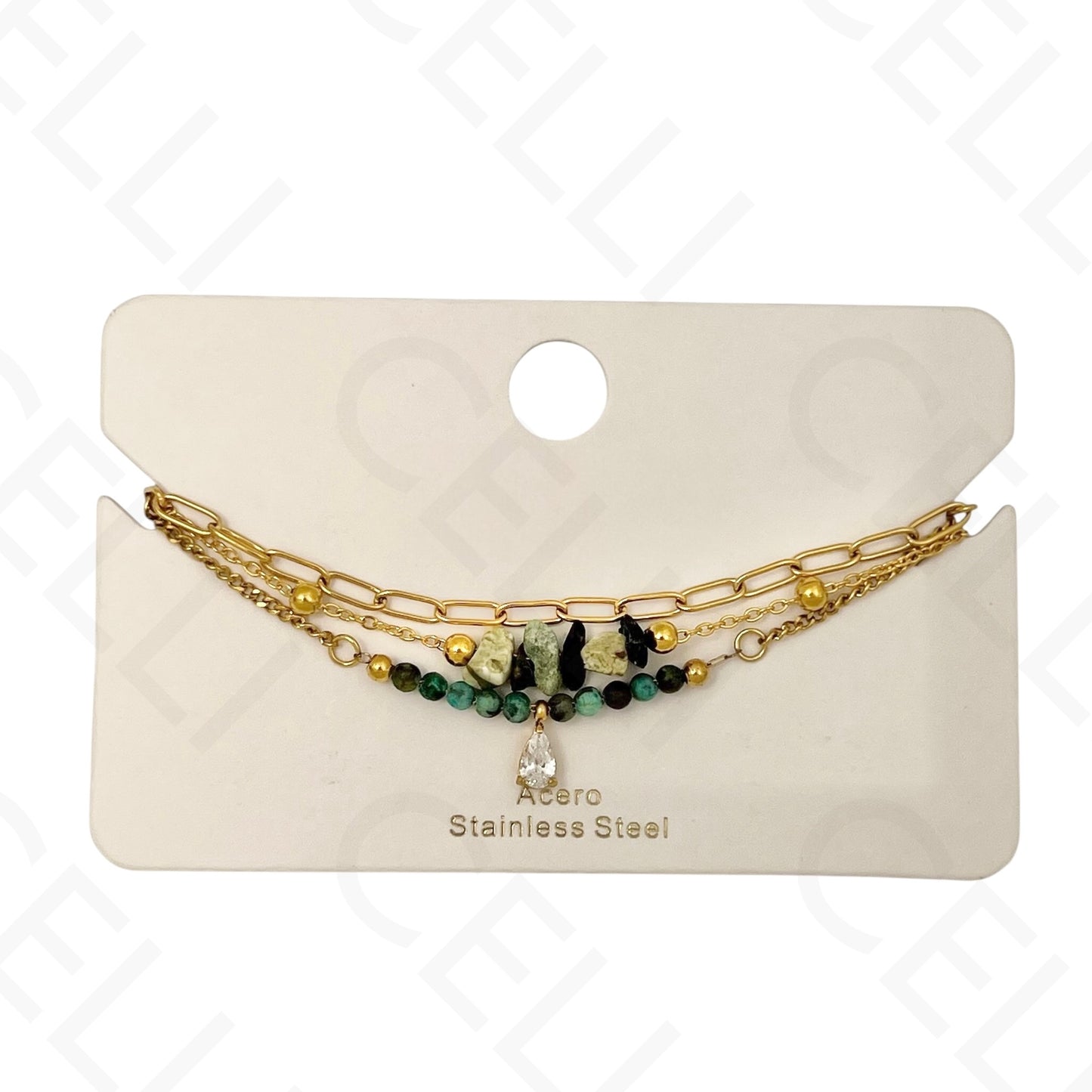 Pulseira de aço - triplo com pedras naturais e brilhante de gota