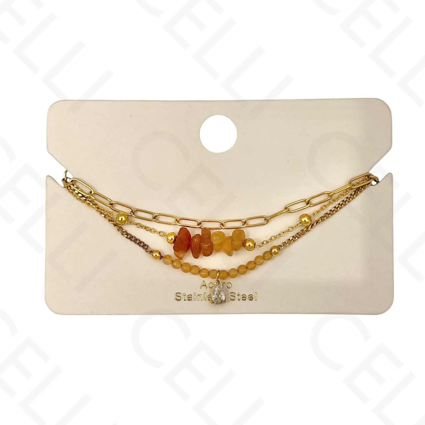 Pulseira de aço - triplo com pedras naturais e brilhante de gota