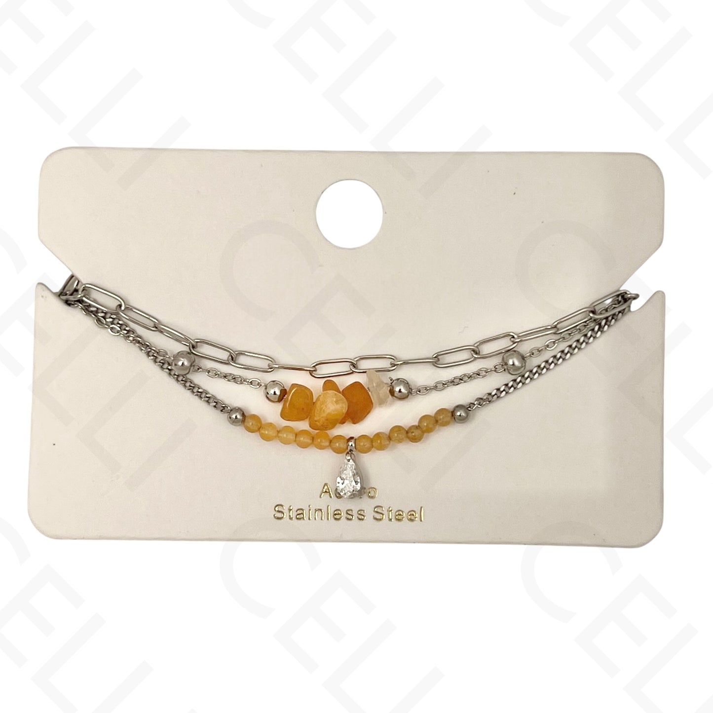 Pulseira de aço - triplo com pedras naturais e brilhante de gota