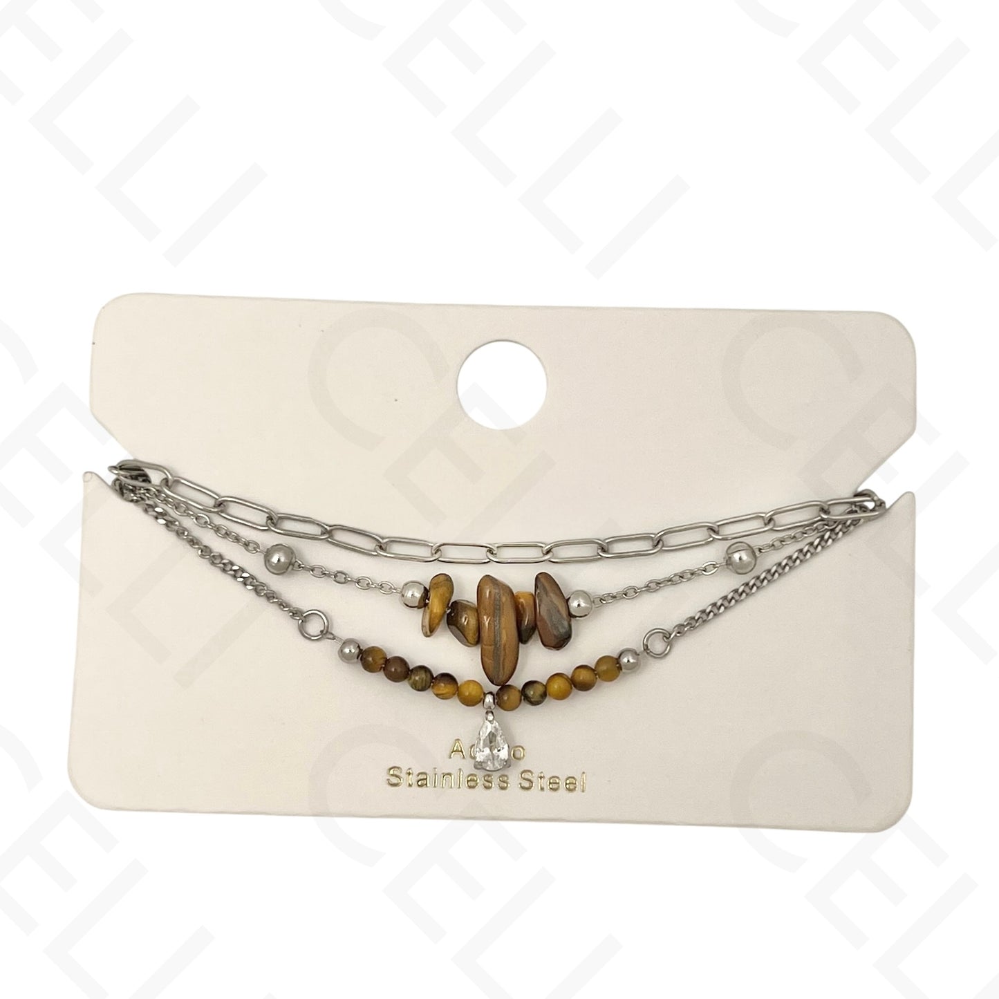 Pulseira de aço - triplo com pedras naturais e brilhante de gota