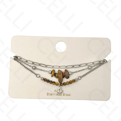 Pulseira de aço - triplo com pedras naturais e brilhante de gota
