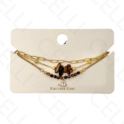 Pulseira de aço - triplo com pedras naturais e brilhante de gota