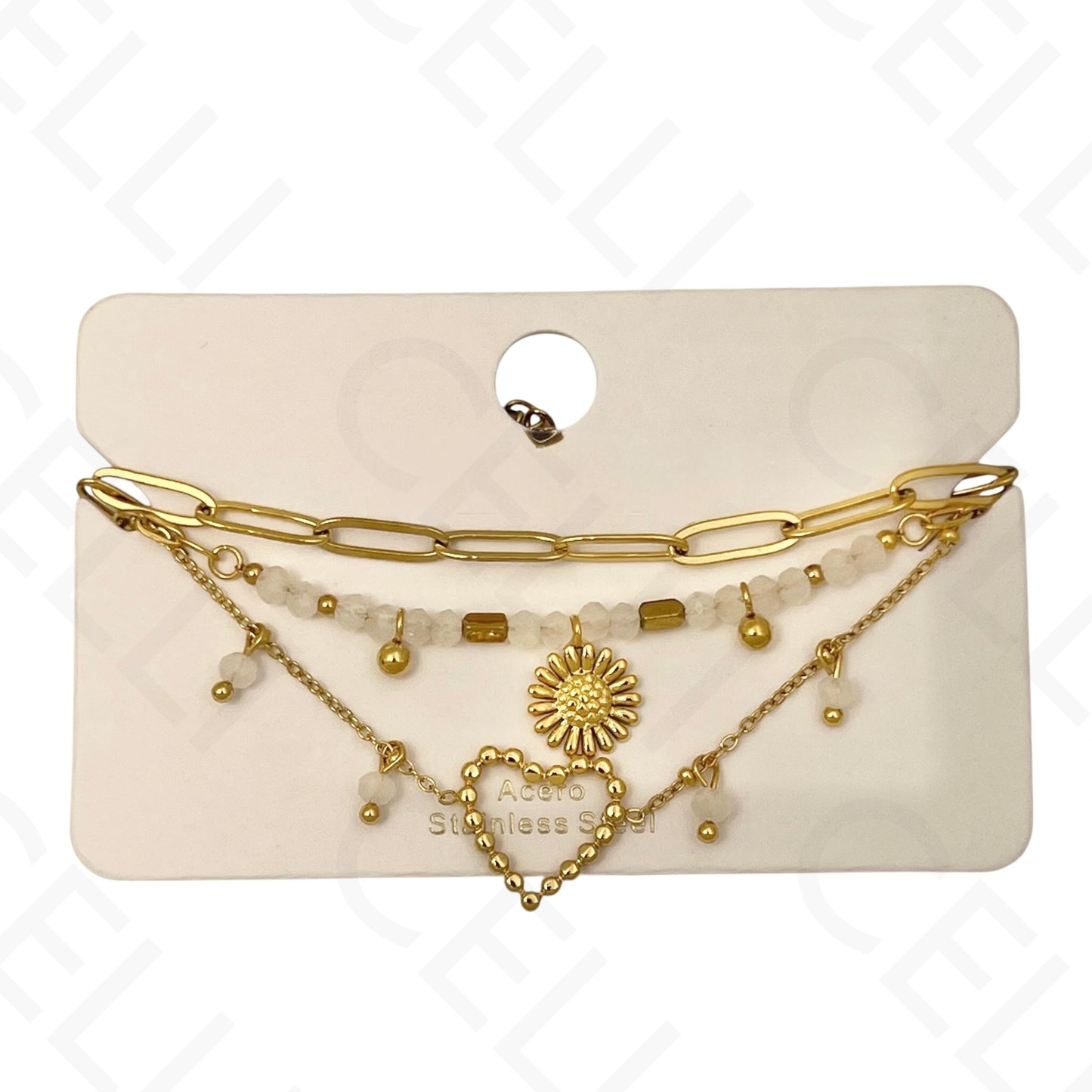 Pulseira de aço - triplo com pedras naturais, coração e girasol