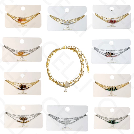 Pulsera de acero - triple con piedras naturales y brillante en forma de gota