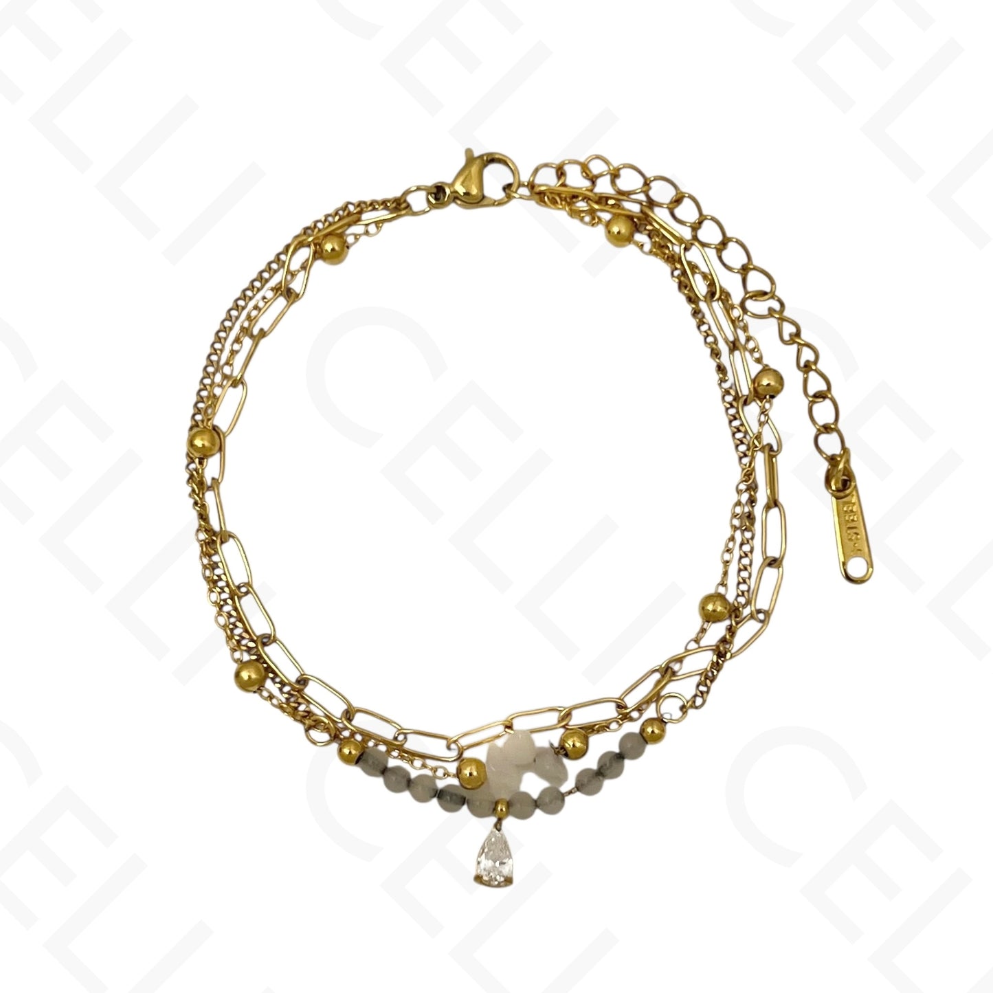 Pulseira de aço - triplo com pedras naturais e brilhante de gota