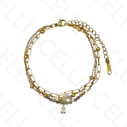 Pulseira de aço - triplo com pedras naturais e brilhante de gota