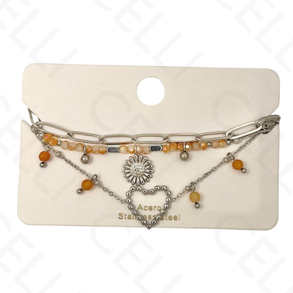Pulseira de aço - triplo com pedras naturais, coração e girasol