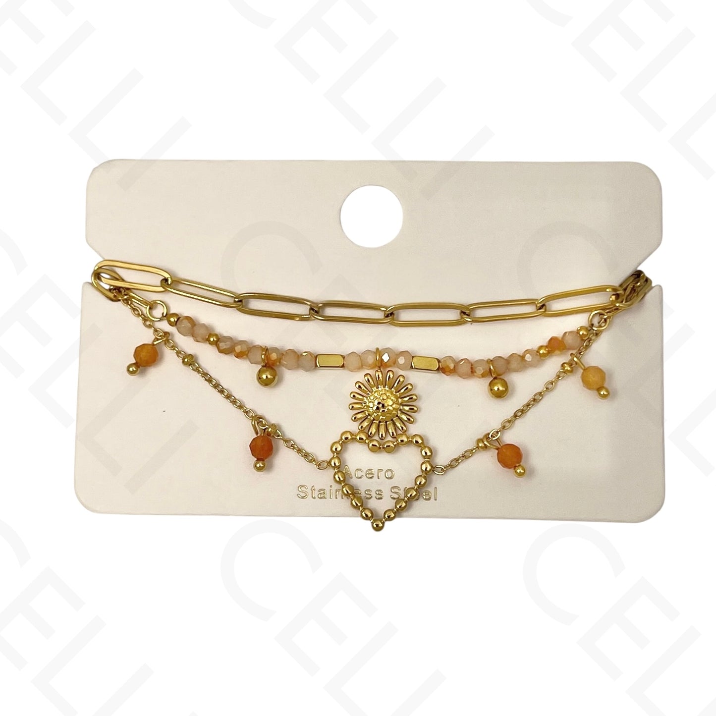 Pulseira de aço - triplo com pedras naturais, coração e girasol