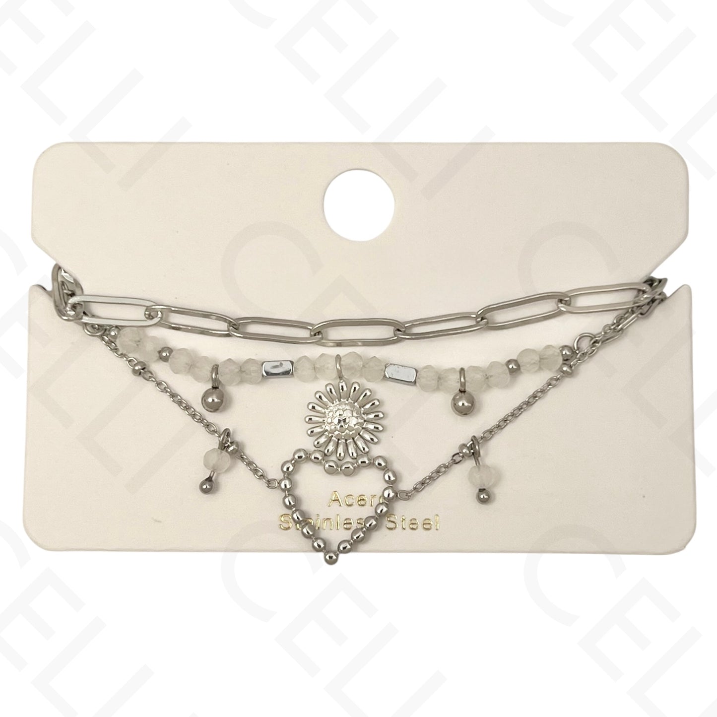 Pulseira de aço - triplo com pedras naturais, coração e girasol