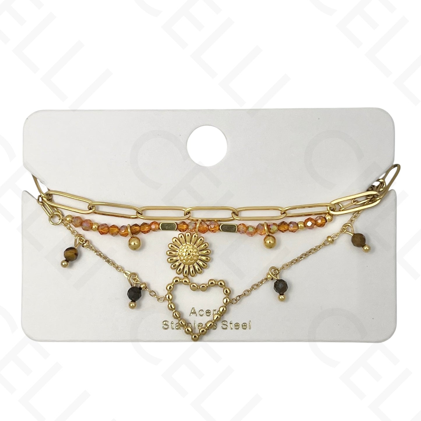 Pulseira de aço - triplo com pedras naturais, coração e girasol