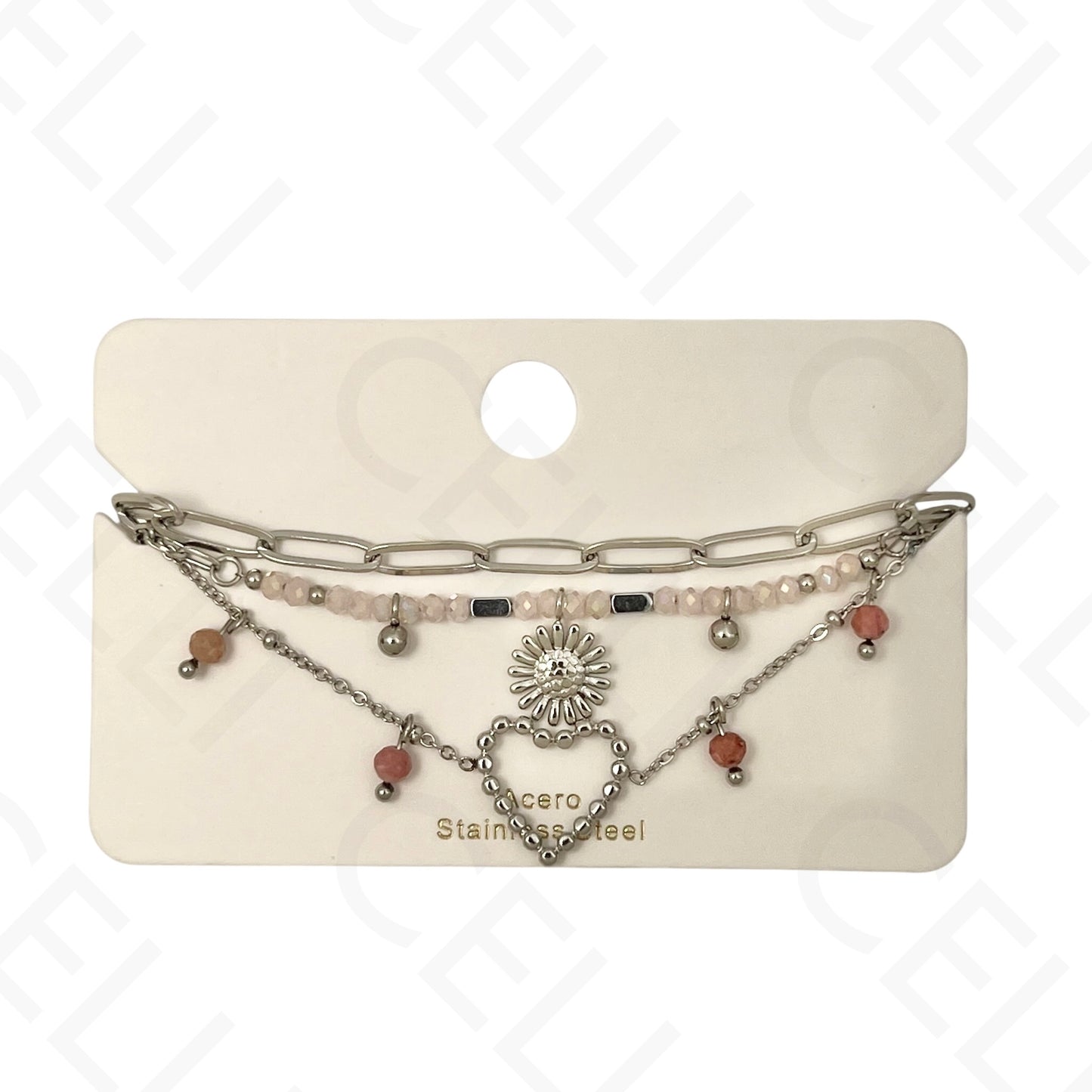 Pulseira de aço - triplo com pedras naturais, coração e girasol