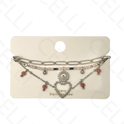 Pulseira de aço - triplo com pedras naturais, coração e girasol