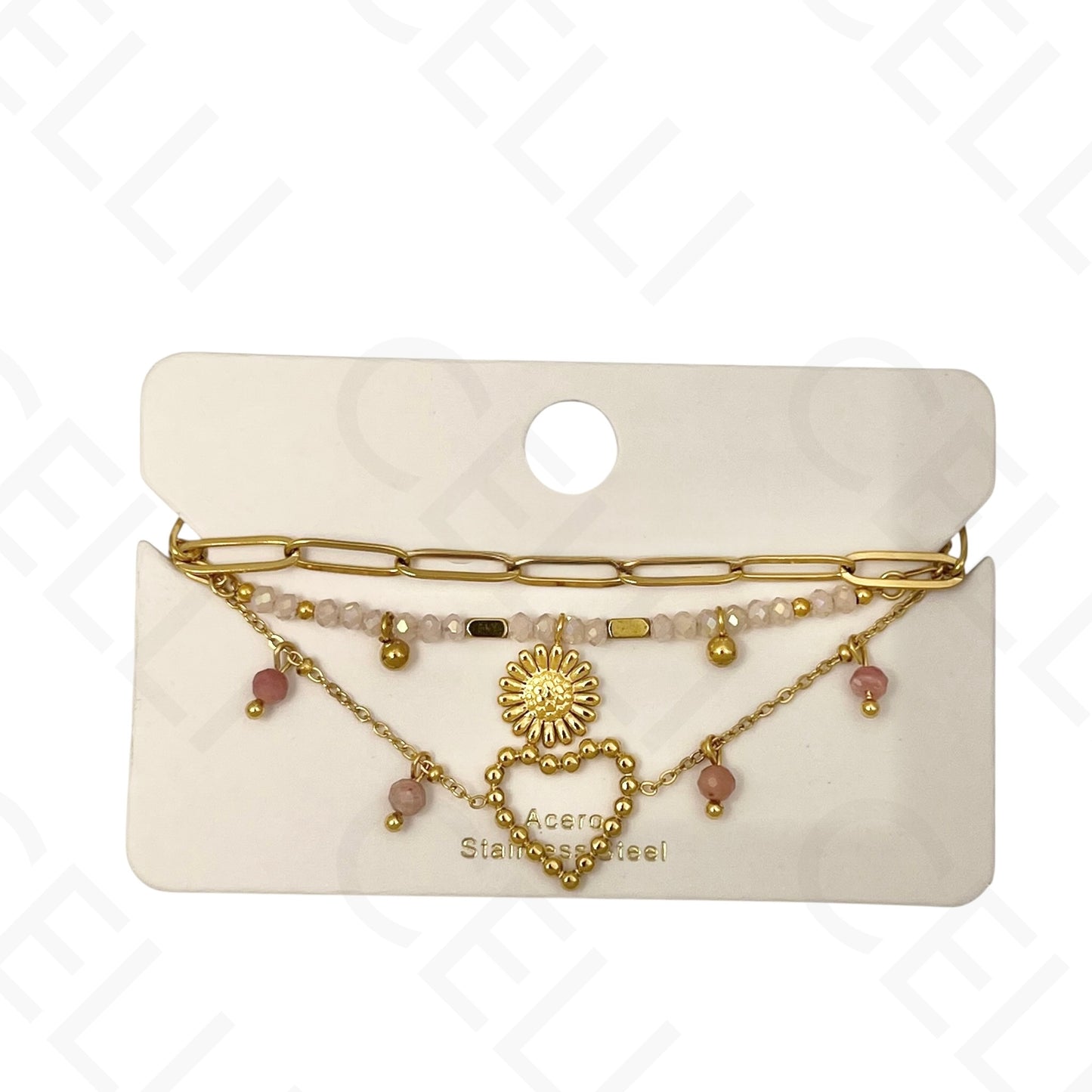 Pulseira de aço - triplo com pedras naturais, coração e girasol