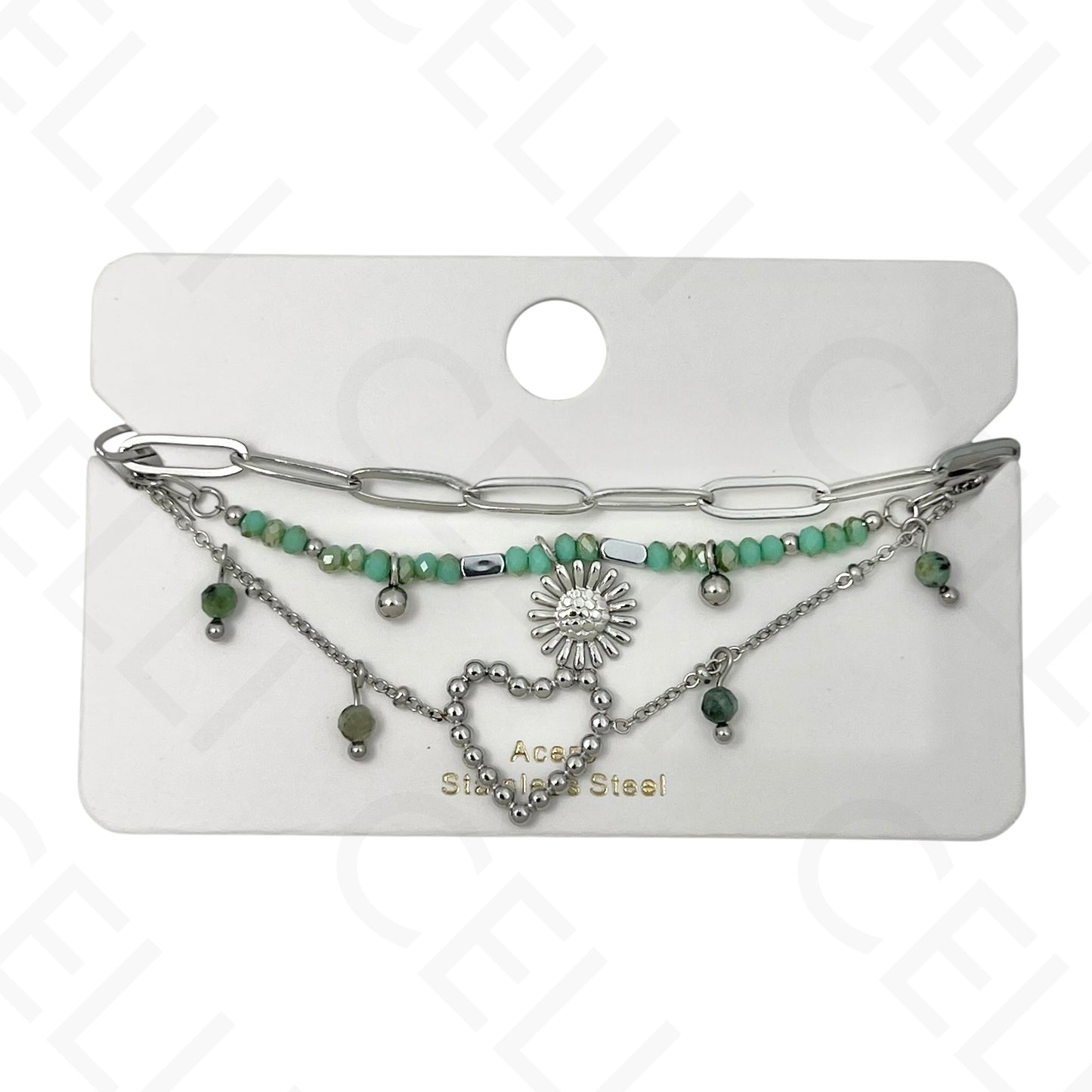 Pulseira de aço - triplo com pedras naturais, coração e girasol