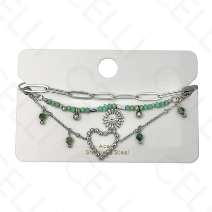 Pulseira de aço - triplo com pedras naturais, coração e girasol