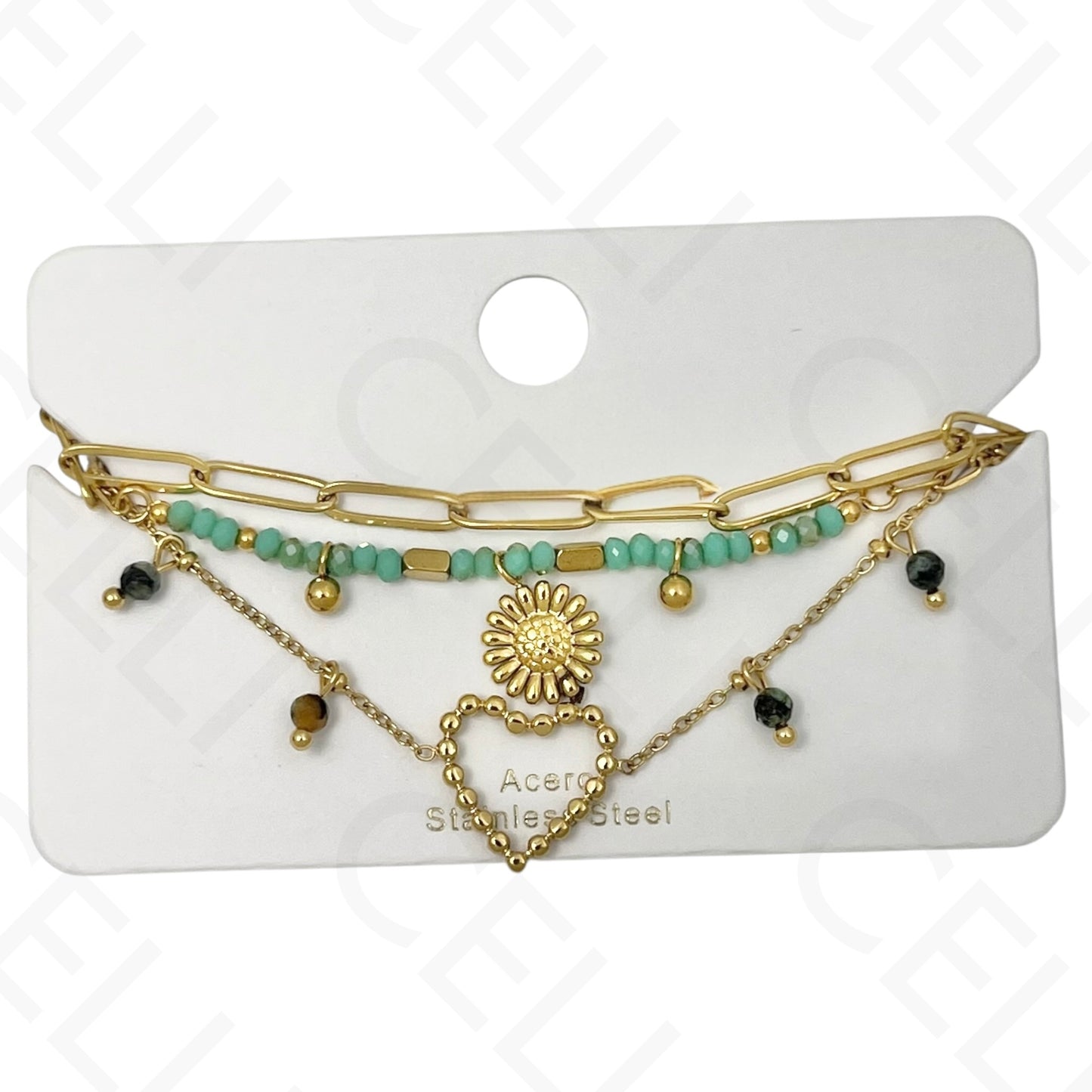 Pulseira de aço - triplo com pedras naturais, coração e girasol