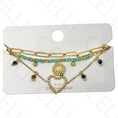 Pulseira de aço - triplo com pedras naturais, coração e girasol