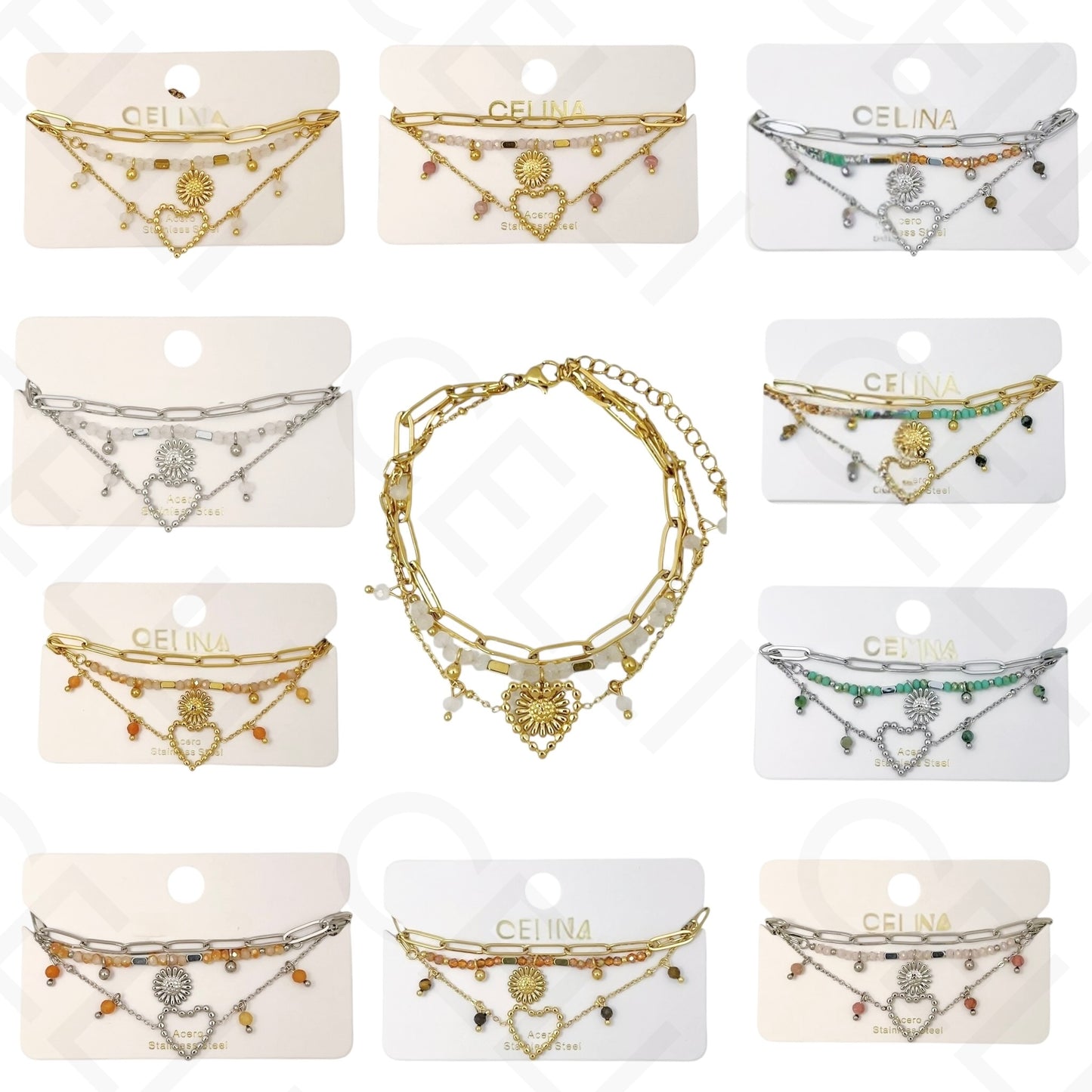 Pulseira de aço - triplo com pedras naturais, coração e girasol