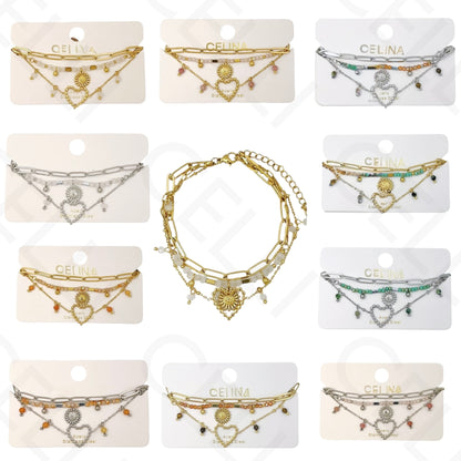 Pulseira de aço - triplo com pedras naturais, coração e girasol