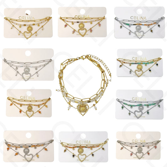 Pulsera de acero - triple con piedras naturales, corazón y girasol