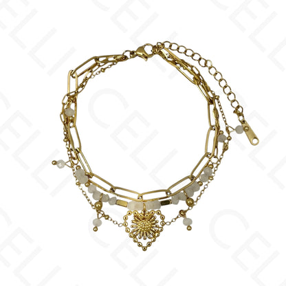 Pulseira de aço - triplo com pedras naturais, coração e girasol