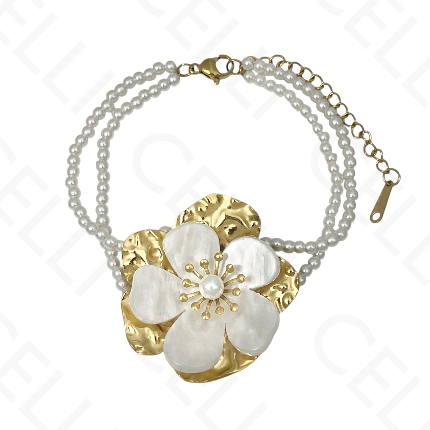 Pulseira de aço - duplo de perolas com flor