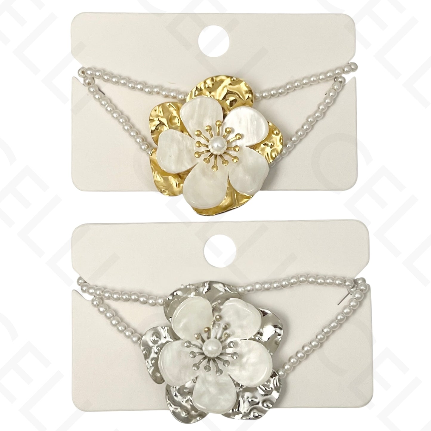 Pulseira de aço - duplo de perolas com flor