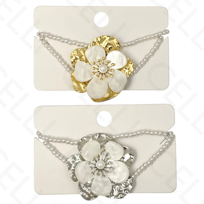 Pulseira de aço - duplo de perolas com flor