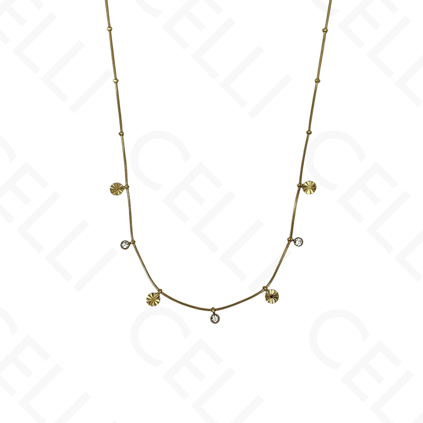 Colar/Pulseira de aço - mini pendentes redondos com brilhantes