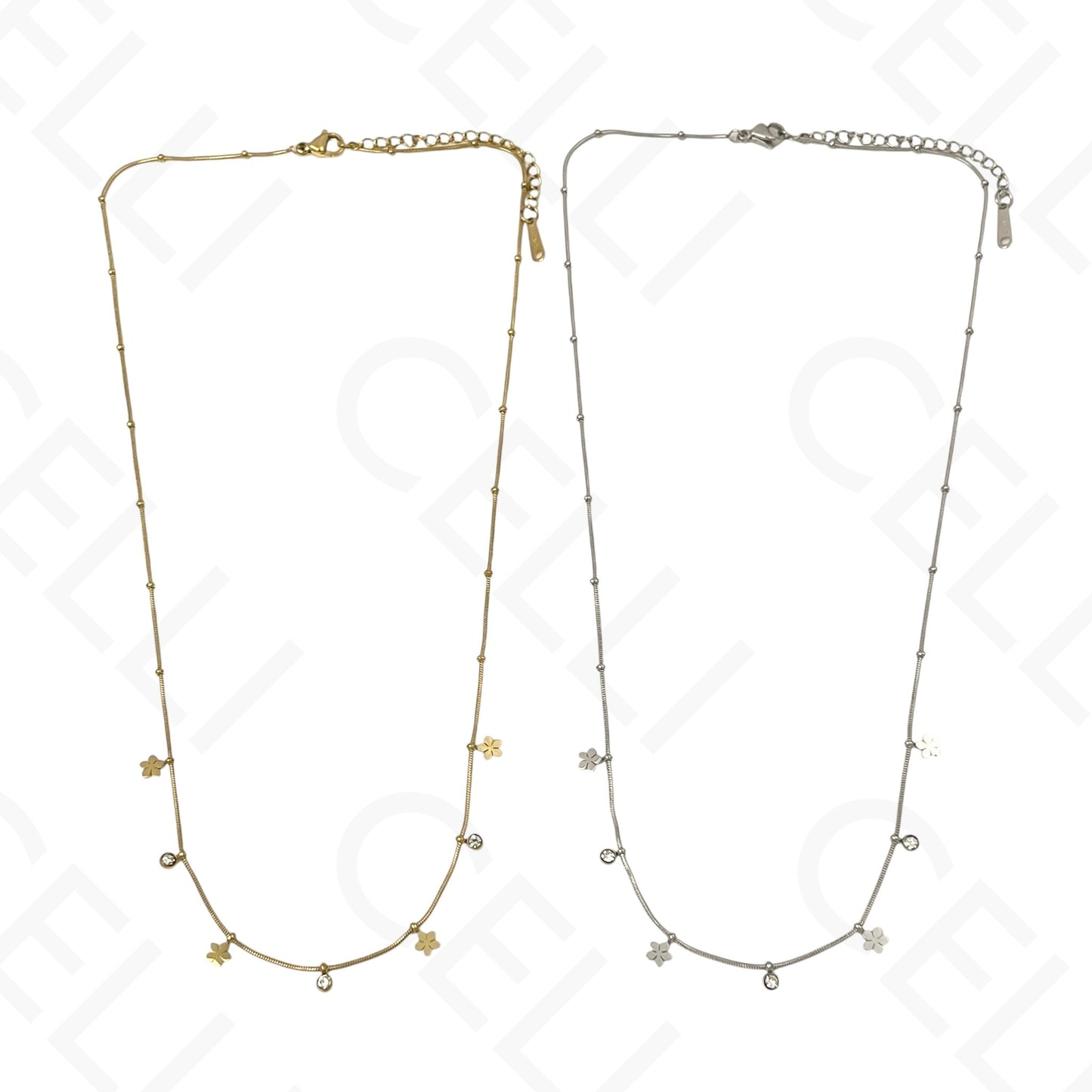 Colar/Pulseira de aço - mini flores com brilhantes