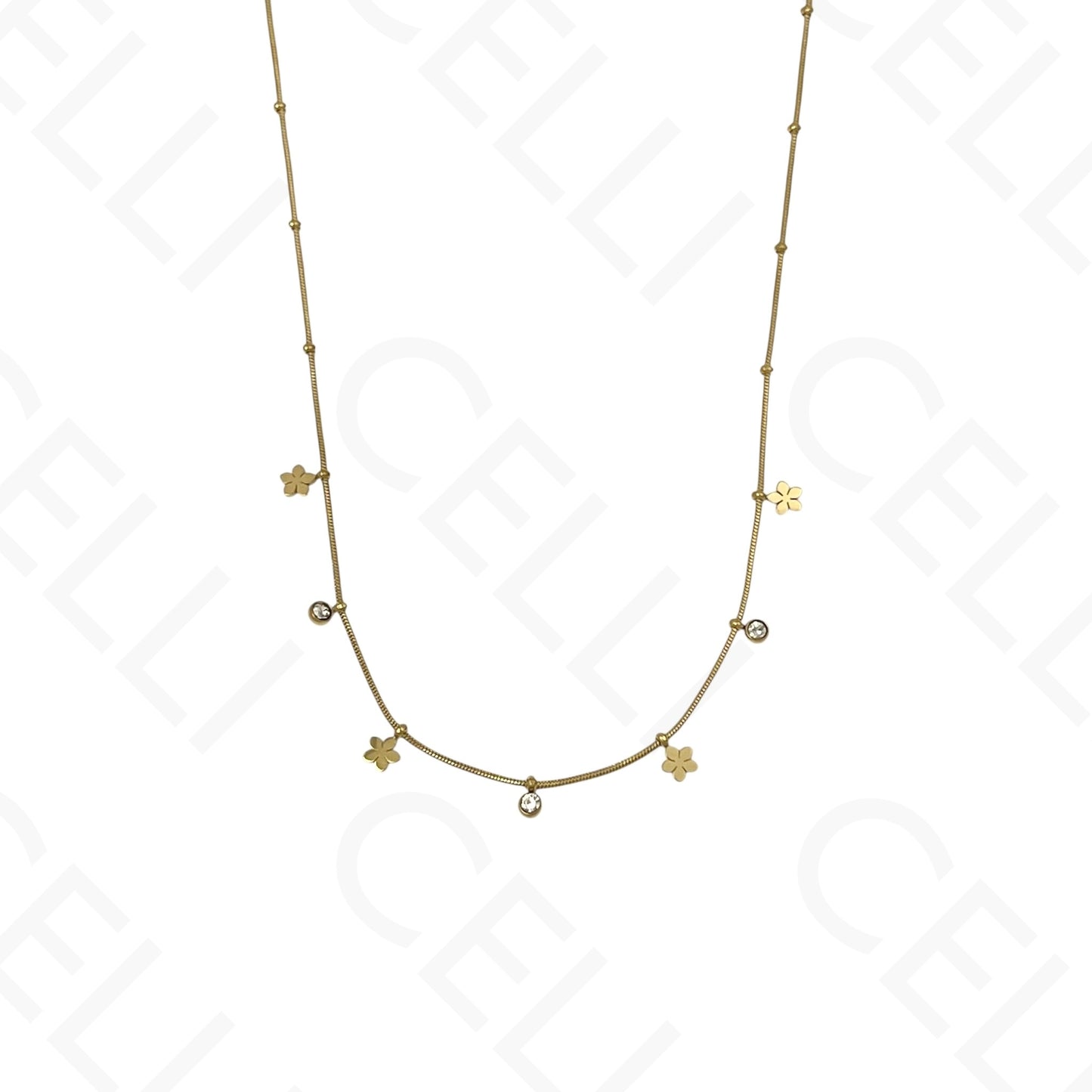 Colar/Pulseira de aço - mini flores com brilhantes