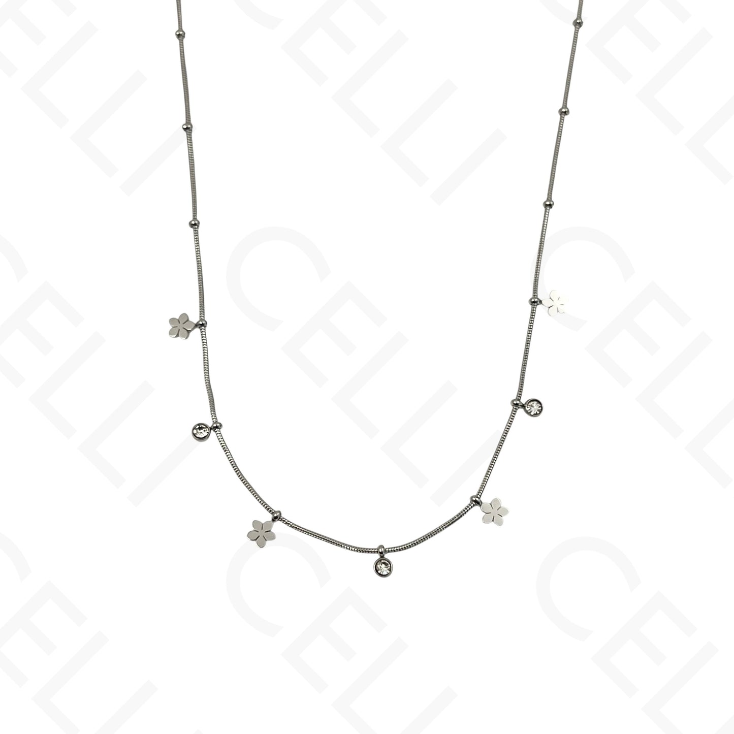 Colar/Pulseira de aço - mini flores com brilhantes