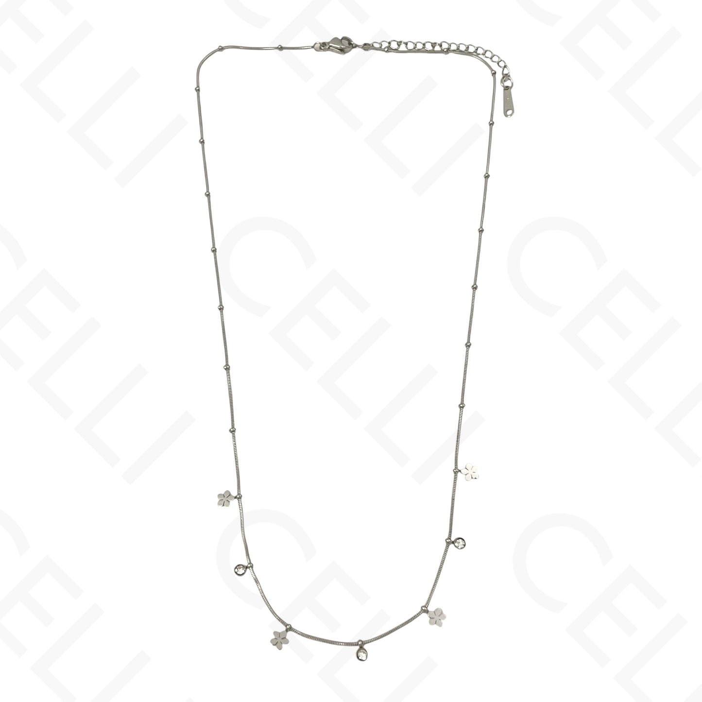 Colar/Pulseira de aço - mini flores com brilhantes