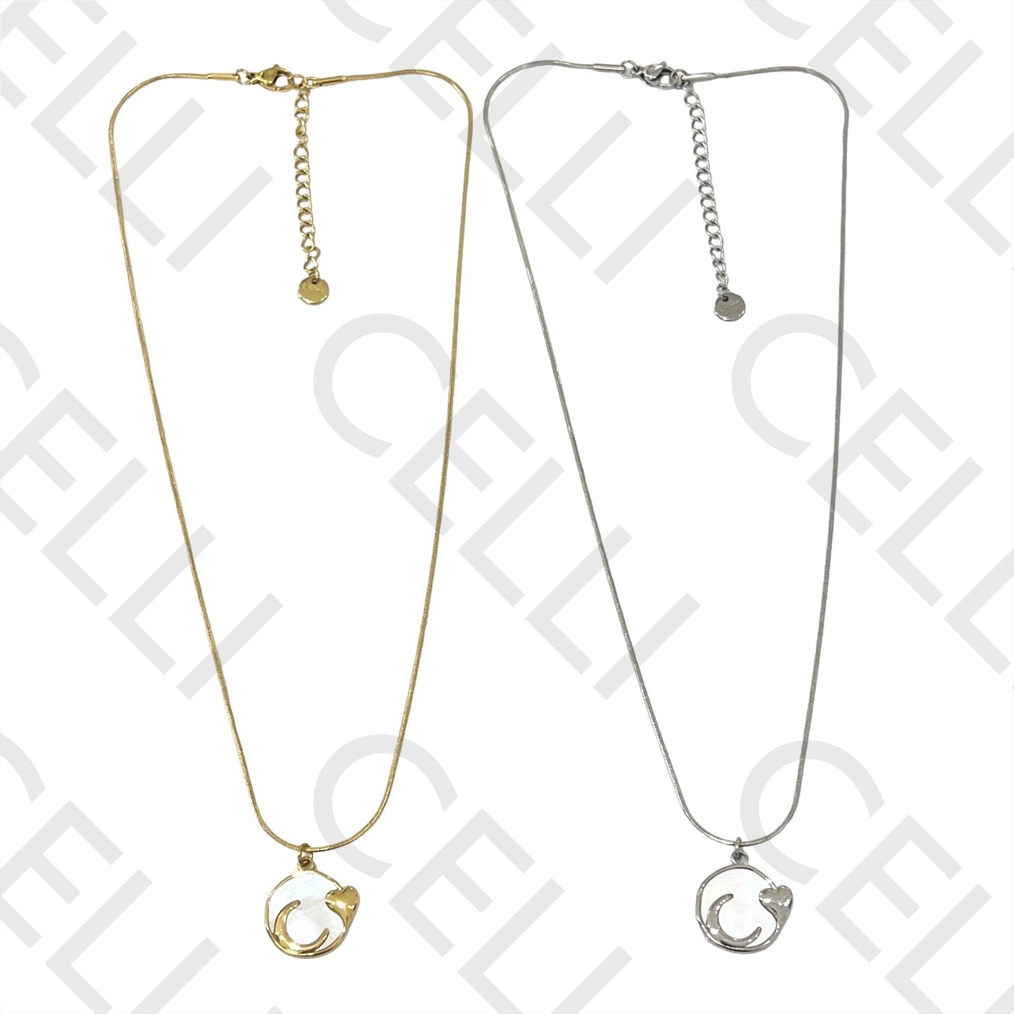 Steel Necklace - Moon and Heart with Mother-of-Pearl