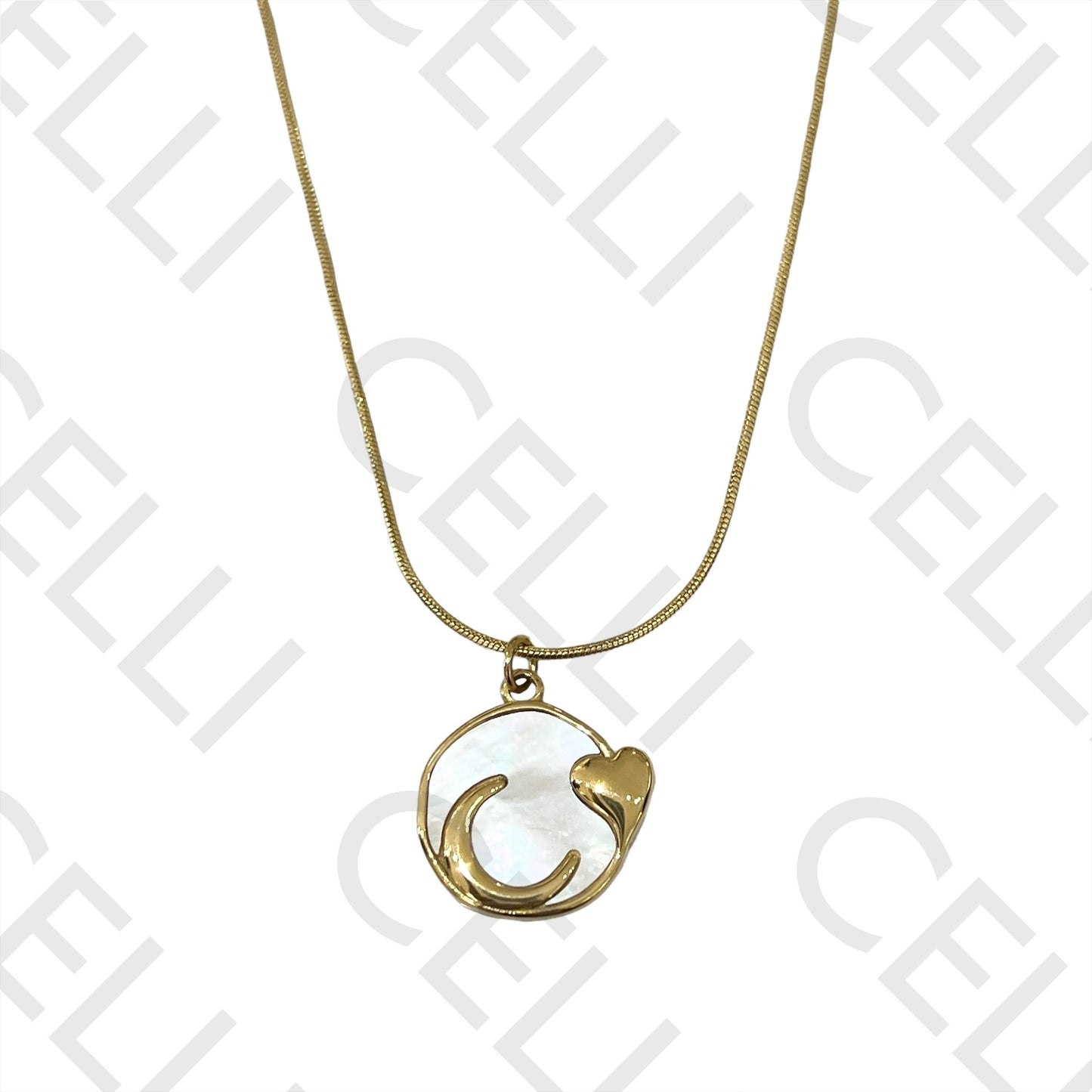 Steel Necklace - Moon and Heart with Mother-of-Pearl